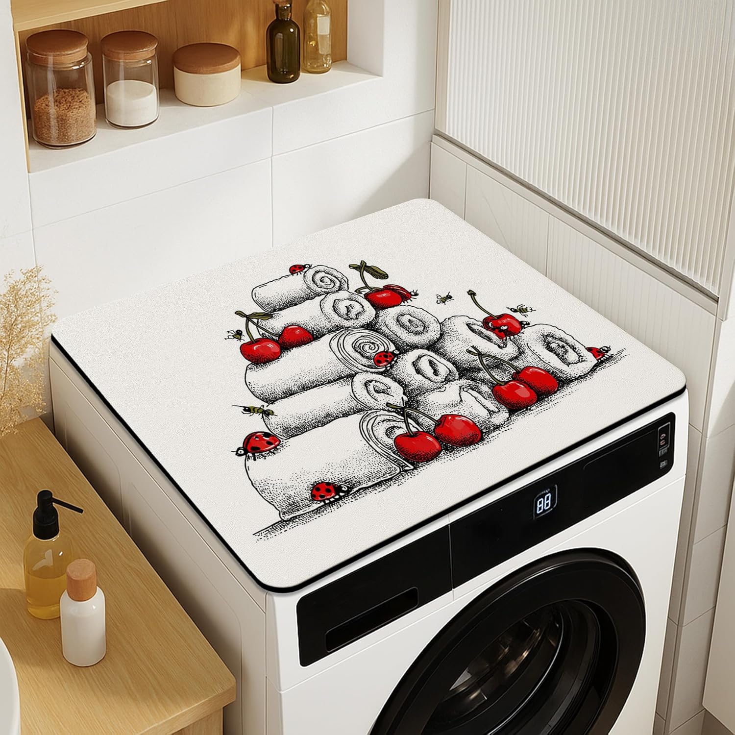 Cherries Print Washer Dryer Top Protector Mat, Vintage Floral Cherries Blossom Laundry Machine Covers, Spring Waterproof Rubber Anti-slip Washer And Dryer Mats for Laundry Room 20x24 Inch