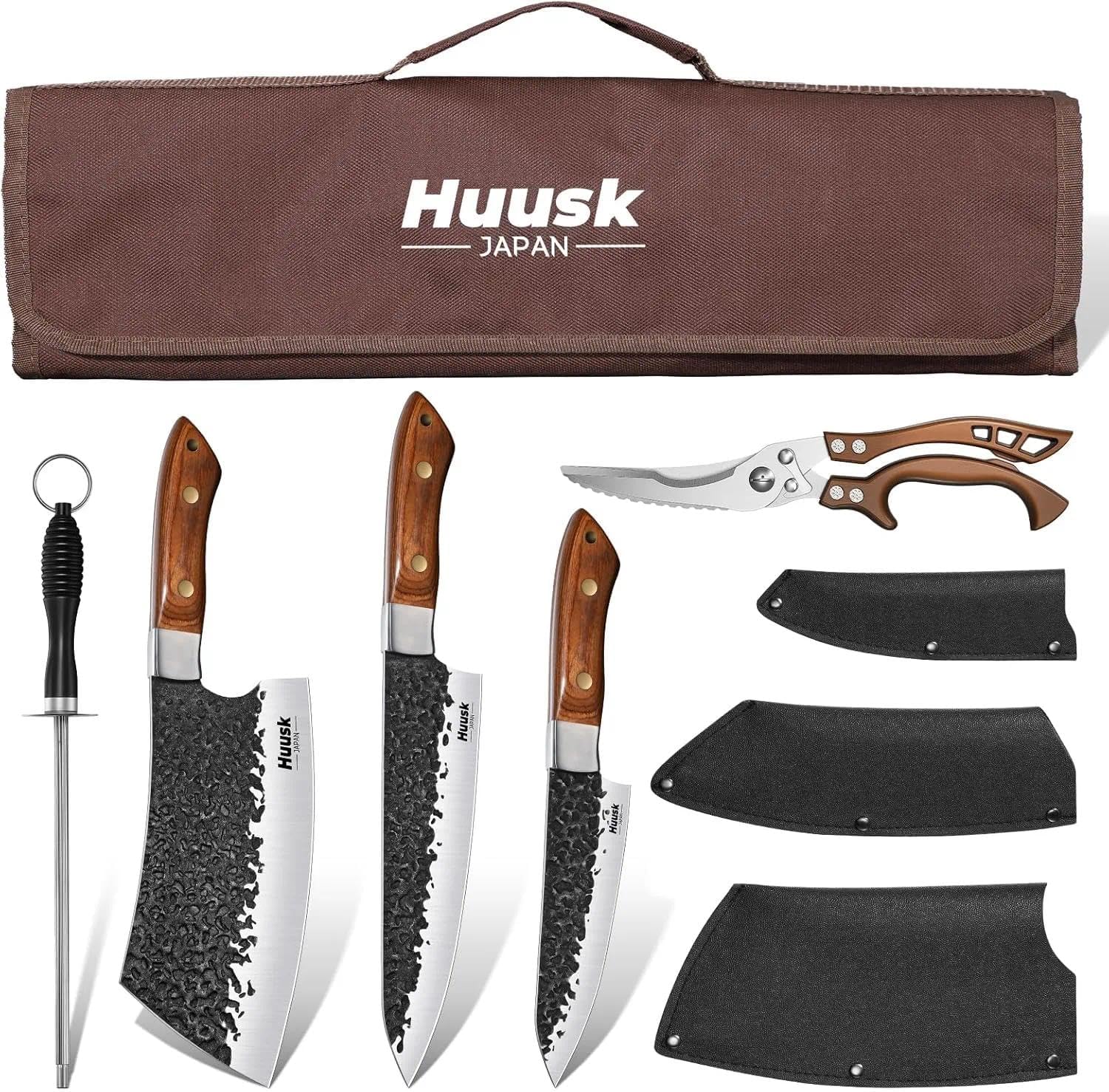 Huusk Chef Knife Set 5Pcs - Hand Forged Meat Cleaver & Chef Viking Knife & Utility Knives, Kitchen Knives Set with Bag for Cooking, Outdoor Camping, BBQ, Christmas Gifts for Men