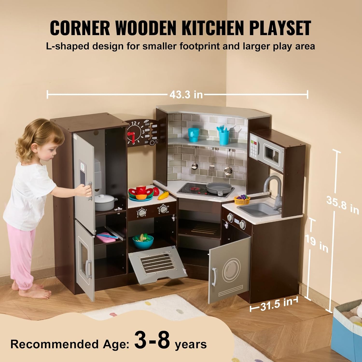 VEVOR Interactive Wooden Toy Play Kitchen Playset for Kids with Lights and Sounds, Corner Design with Ice Maker, Oven, Sink, Clock, Microwaves, Refrigerator and Accessories, for Girls & Boys, Brown