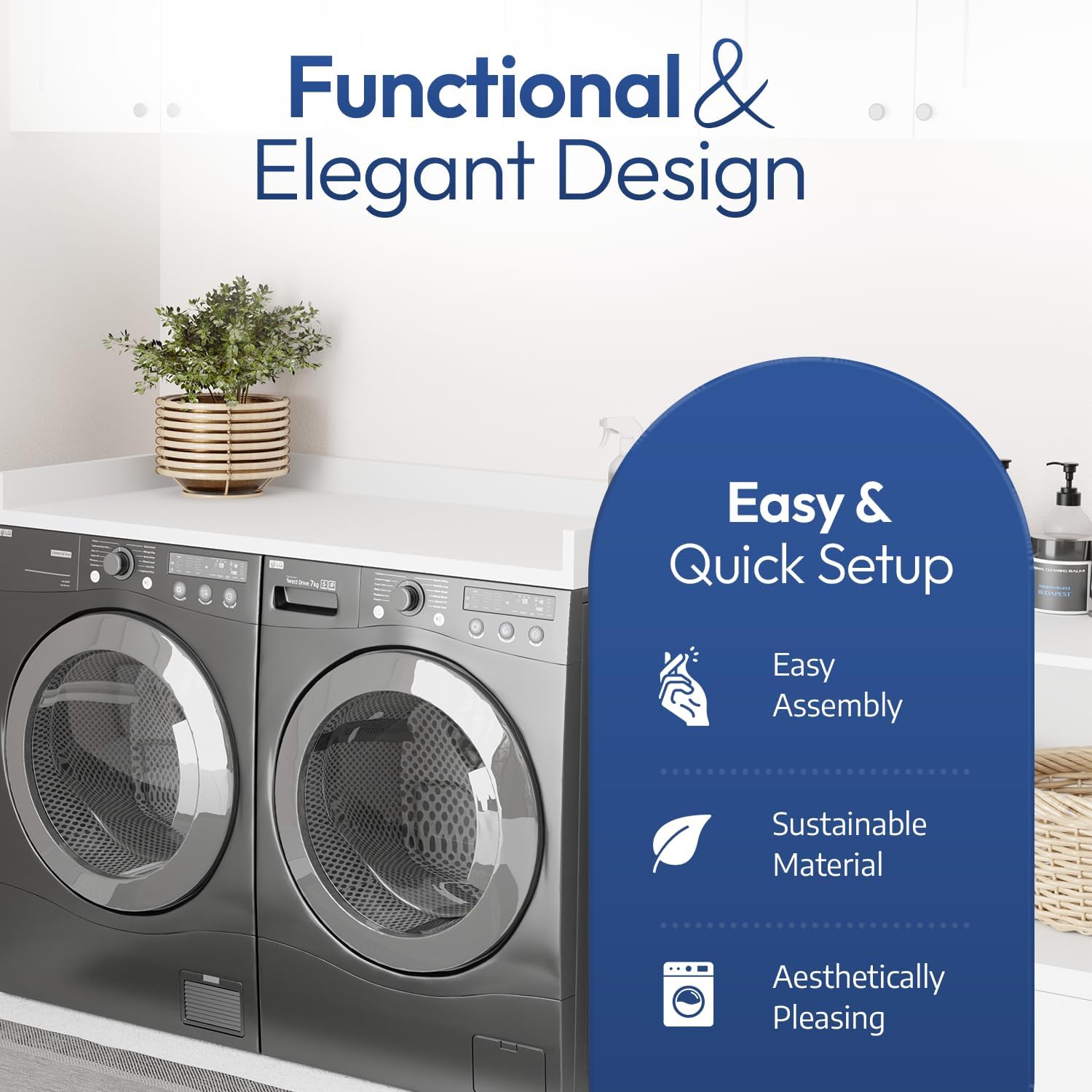 OfficeSimpli Washer Dryer Countertop, Made in USA, Non-Slip Pads, Easy Clean, Laundry Room Essentials and Decor, Washer Dryer Wood Top for Organization (Glacier White, Standard (27.5