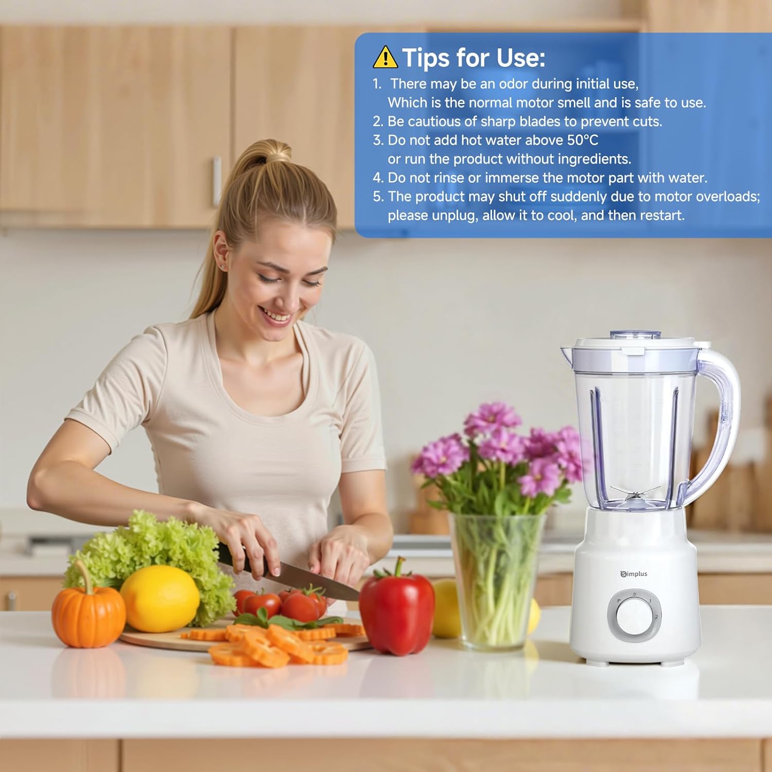 SIMPLUS White Blenders for Kitchen, 51oz Countertop Blender, Stainless Steels Professional Blenders, 3 Adjustable Speed Smoothie Maker for Juices, Puree, Shakes, Fruit Drinks, Sauces, Self-Cleaning