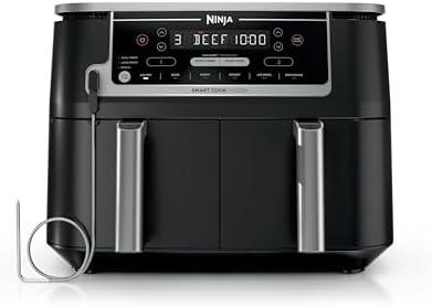 Ninja DZ550 Foodi 10 Quart 6-in-1 DualZone Smart XL Air Fryer with 2 Independent Baskets, Smart Cook Thermometer for Perfect Doneness, Match Cook & Smart Finish to Roast, Dehydrate & More, BLACK