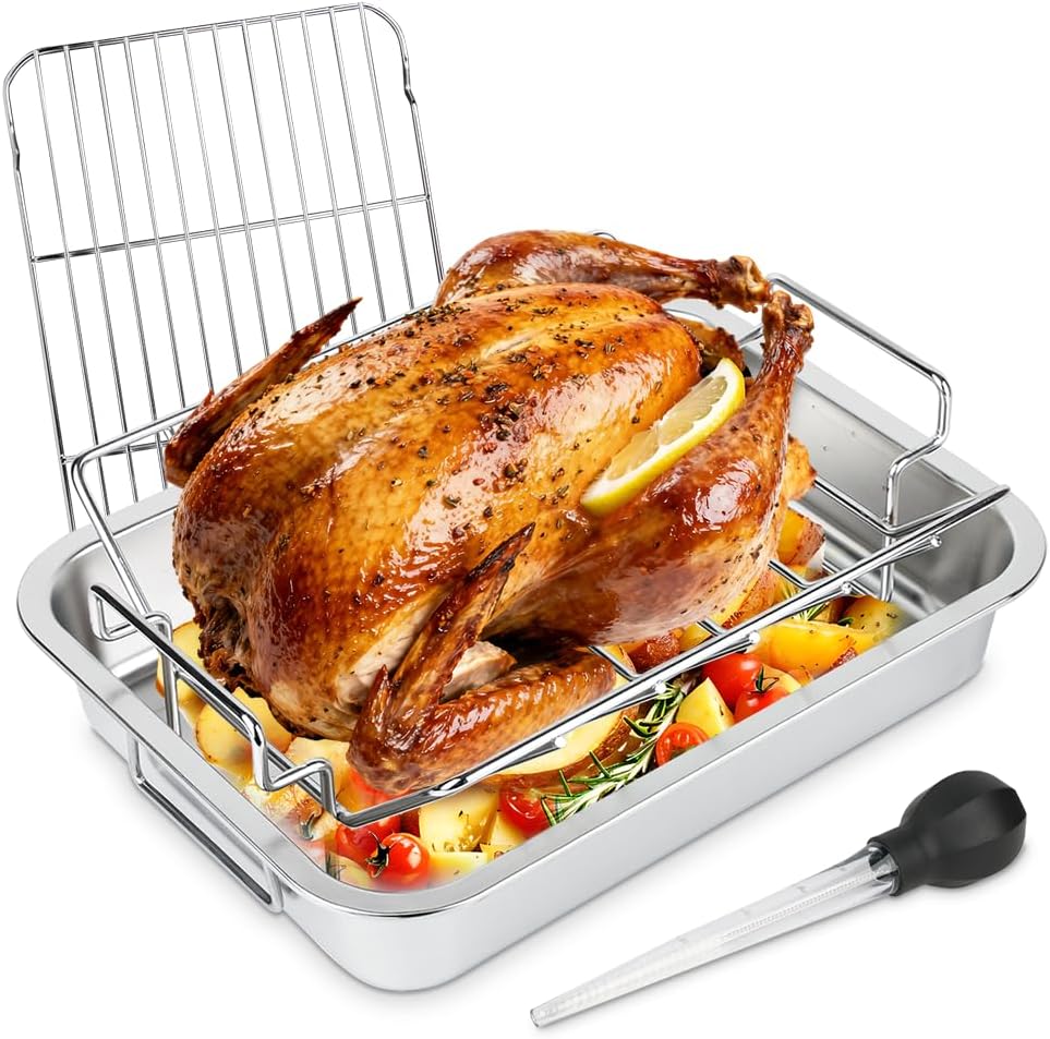 Turkey Roaster Roasting Rack with Pan, 15.6*11.6*2.8 inch Stainless Steel Roasting Pan with U Rack and Flat Rack for Smoker Smoking/Dual Purpose fit for Large Big Green Egg and Kamado Joe Etc