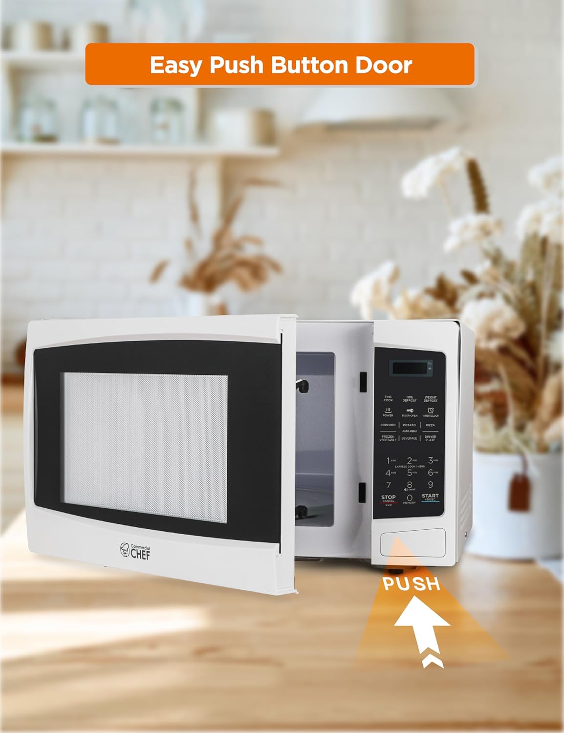 COMMERCIAL CHEF 1.1 Cu Ft Microwave with 10 Power Levels, Microwave 1000W with Push Button Door Lock, Countertop Microwave with Microwave Turntable and Digital Controls, White