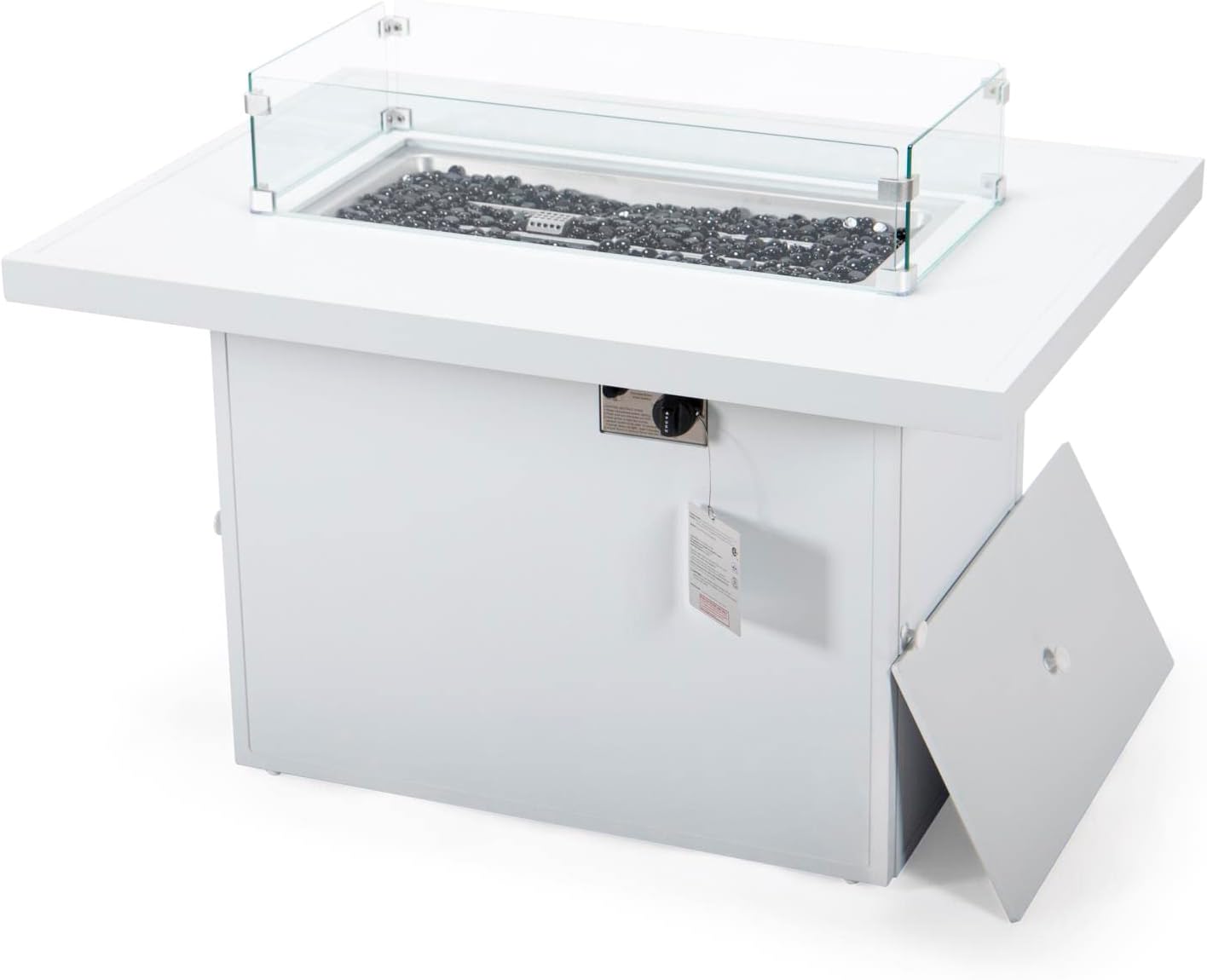 LeisureMod Chelsea Propane Fire Pit 44 Inch 55,000 BTU Auto-Ignition Gas Fire Pit Table with lid, Wind Guard and Decorative Stones Aluminum Frame (White)
