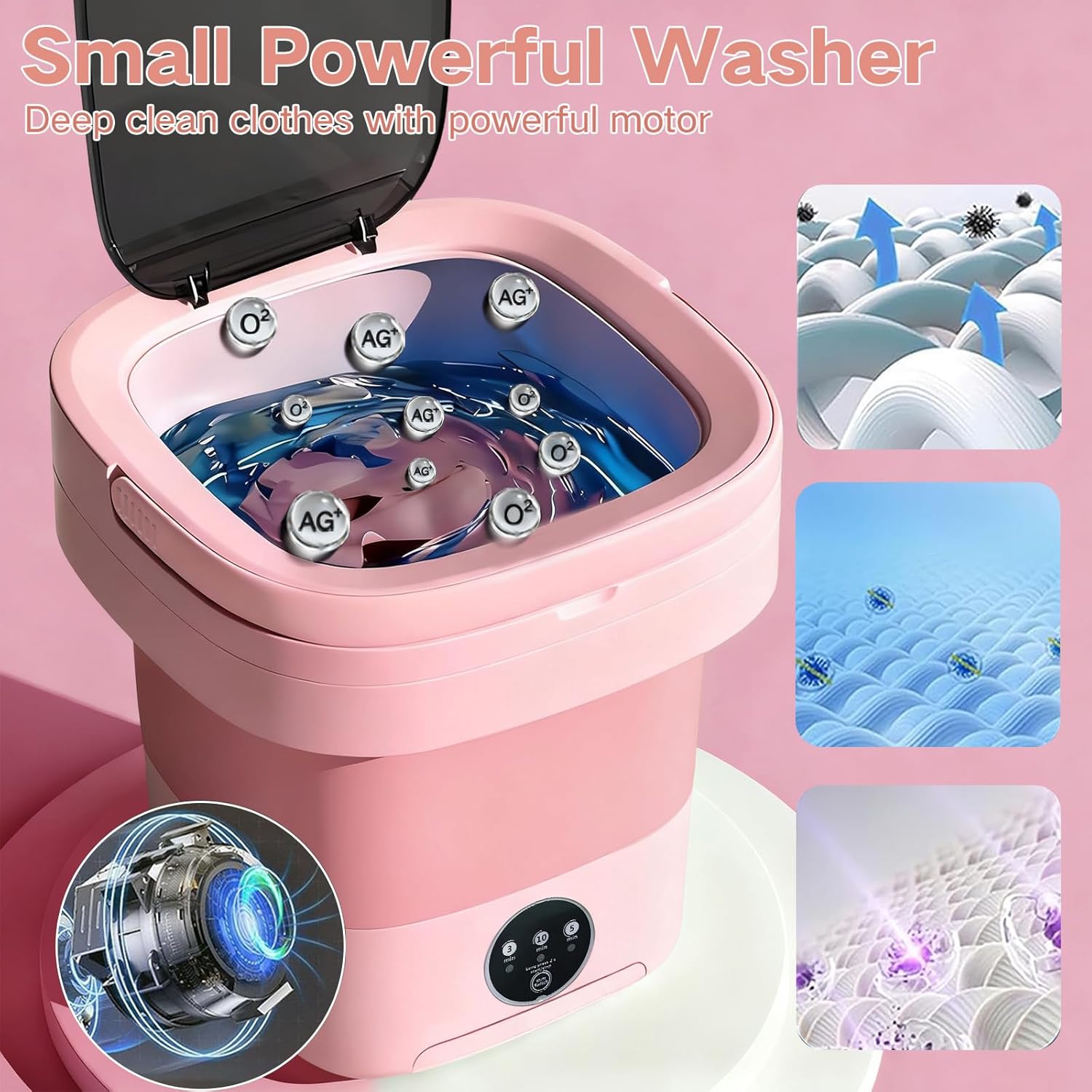 Portable Washing Machine, 15L Mini Collapsible Washer with 3 Cleaning Modes for Baby Clothes, Underwear, Small Foldable Laundry for Travel Apartment Home Dorm Hotel Camping (Pink)