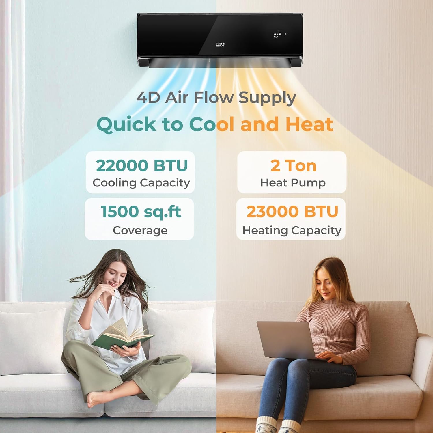 COSTWAY 24000 BTU Wifi Enabled Mini Split Air Conditioner & Heater, Energy Efficient, 21 SEER2 208-230V Inverter AC Unit Cools up to 1500 Sq. Ft.(Black, 24000BTU, 208-230V, 21 SEER2-WIFI)