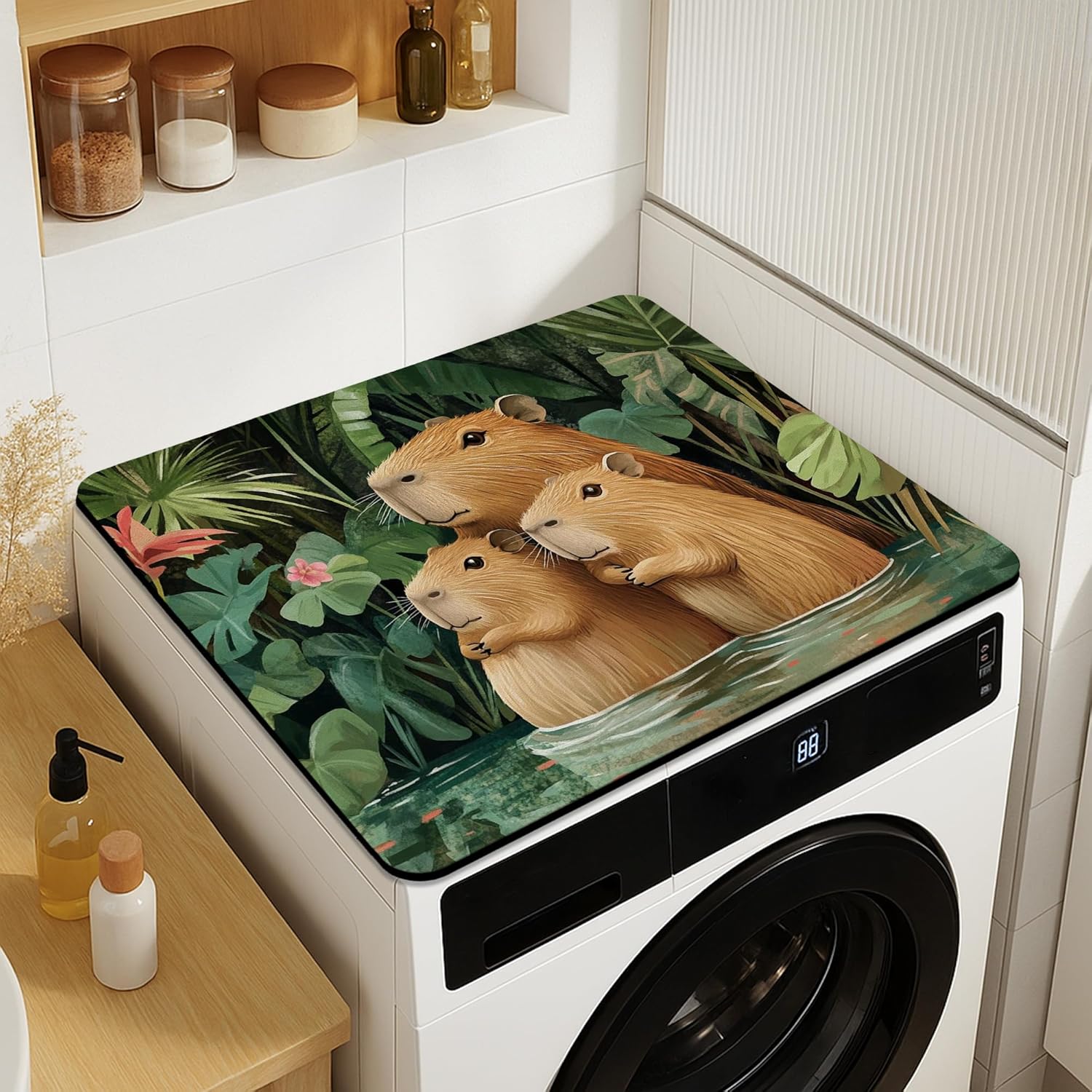 Capybara Washer Dryer Top Protector Mat, Tropical Animal Print Washing Machine Dust Cover, Eco-friendly Rubber Anti-slip Waterproof Mat for Laundry Room 20x24 Inch