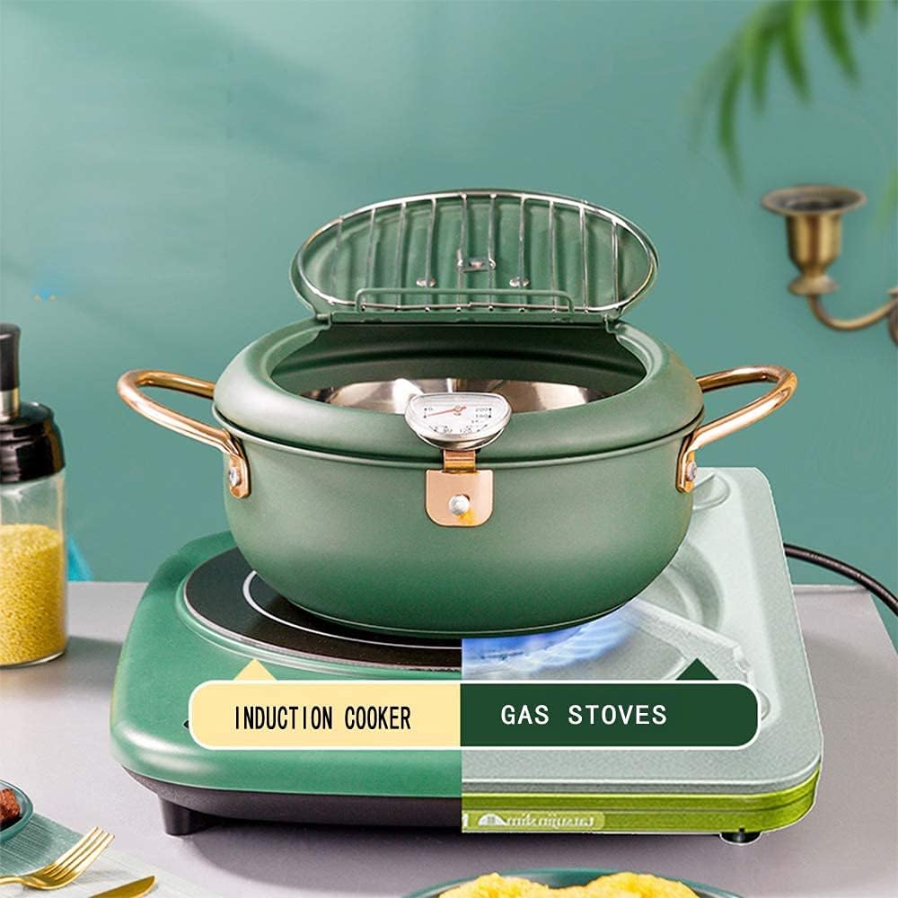 Stainless Steel Deep Frying Pot with Thermometer and Oil Drip Rack Lid Japanese Style Deep Fryer Pot for Home Fry Chicken Chips Fish Shrimp (7.9 inch, green)