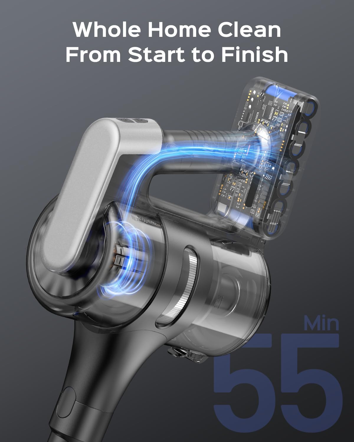 Cordless Stick Vacuum Cleaner – 3-in-1 Brush Roll for Hard Floors and Carpets, 55 Min Runtime Rechargeable Lightweight Vacuum with Green LED Headlight for Pet Hair and Dust Cleaning