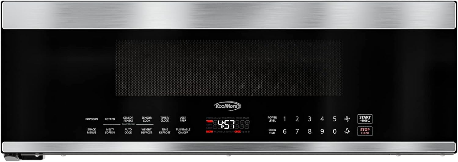 KoolMore 30 Inch Over-The-Range Low Profile Microwave, 1.2 Cu. Ft. Built-in, 10 Power Levels, 13.5” Glass Turntable, 1000-Watt Power, Advanced Air Vent, and Heat Circulation (KM-MLPOT-1SS)