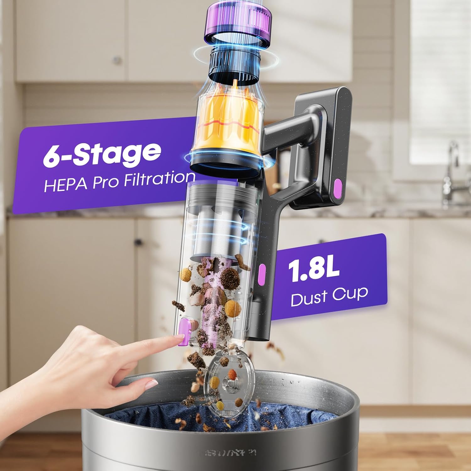 Cordless Vacuum Cleaner, 650W 48KPa Vacuum Cleaners for Home, Self-Standing Stick Vacuums with LED Display, Anti-Tangle, Lightweight, Stick Vacuum Rechargeable for Pet Hair Carpet Floor