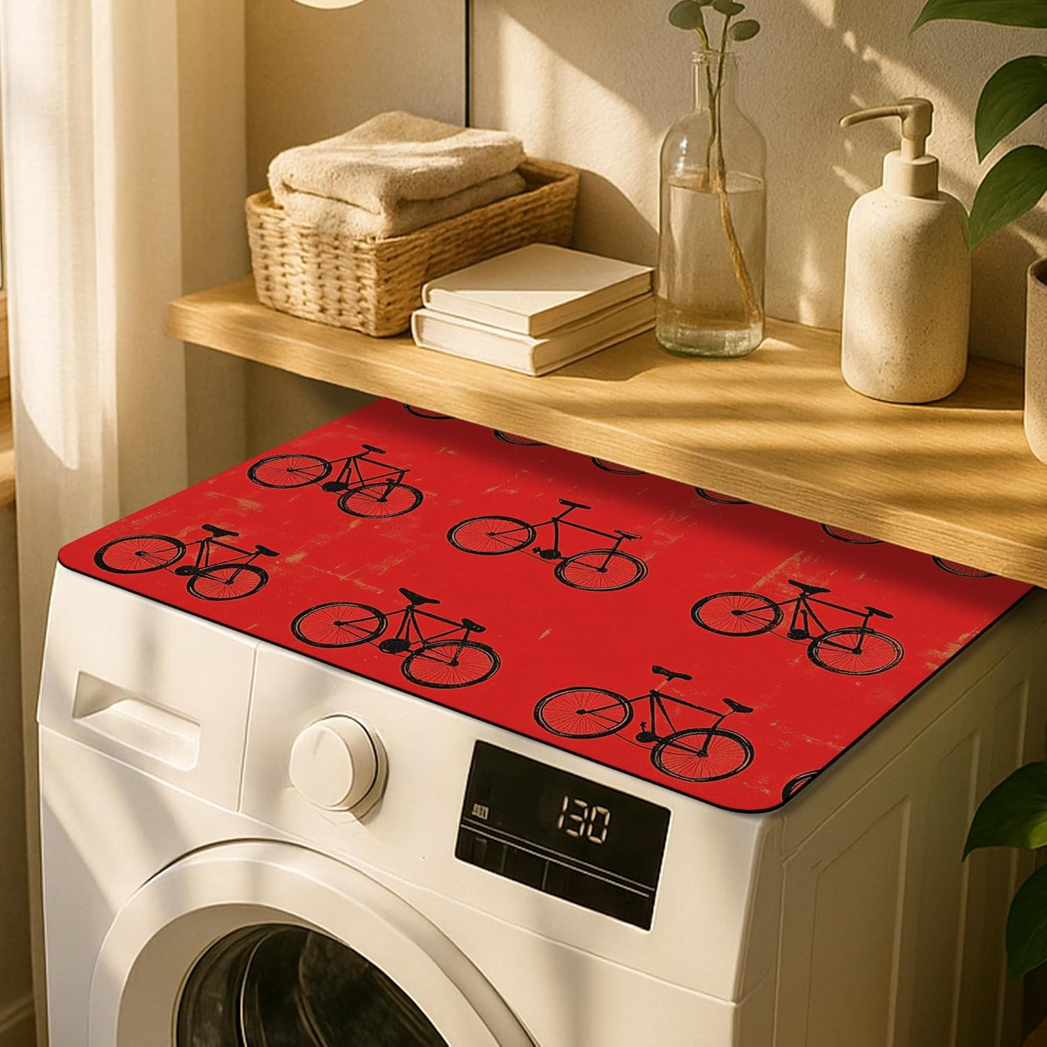 Bike Washer Dryer Top Protector Mat, Retro Vintage Bike Laundry Machine Dust Covers, Charming Rubber Anti-slip Waterproof Washer And Dryer Mats for Laundry Room 20x24 Inch