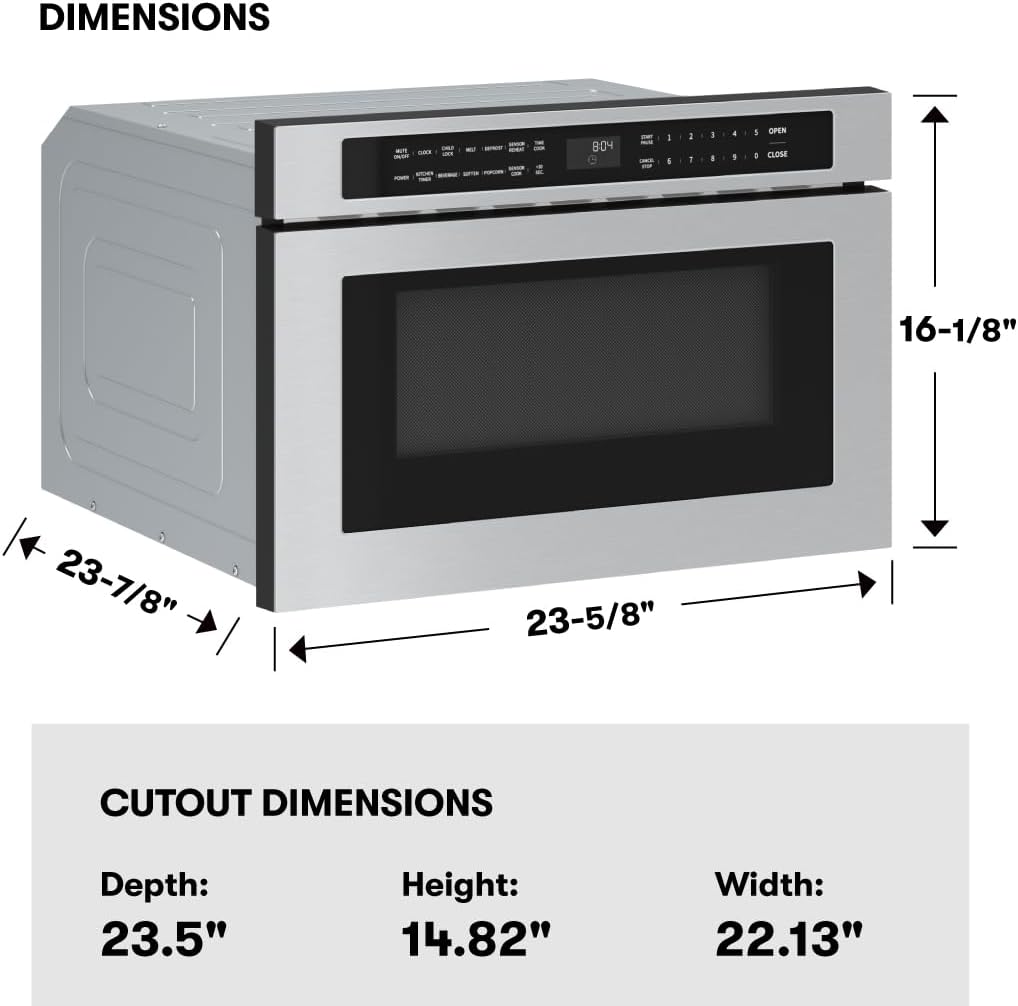 Zephyr 24 inch Built In Drawer Microwave Oven Under Cabinet - Integrated, Wall Mount, Under Counter Pull Out Microwave Drawer 1.2 cu ft, Preset Cooking Options, Easy Clean Coating, 1000W