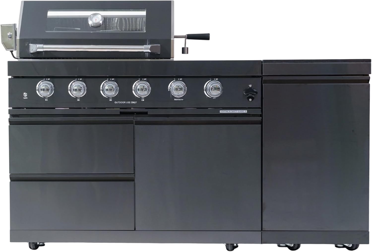 65.35in Modular Outdoor Kitchen Bar, 4 Burner 72000 BTU Deluxe Stainless Steel Gas Barbecue Island Kitchen for Backyard Cooking w BBQ Grill, Refrigerator, Rotisserie Kit, Countertops, Cabinets