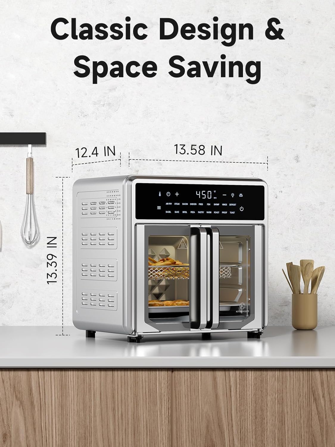 Kitchen Elite Air Fryer French Door Oven,15.8 Qt Toaster Oven Countertop Combo,18 Presets & 1 Preheat & Light, Airfryer Basket,Wire Rack,Baking Pan,Crumb Tray,Compact Design,Stainless Steel,Small