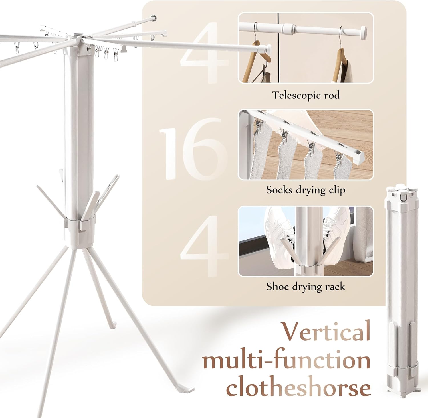 Clothes Drying Rack, Portable Foldable Laundry Drying Rack, Four-Legged Tripod-Style Drying Rack Clothing with Sock Clips & 4 Shoe Holders, Space-Saving Garment Rack for Indoor & Outdoor Use