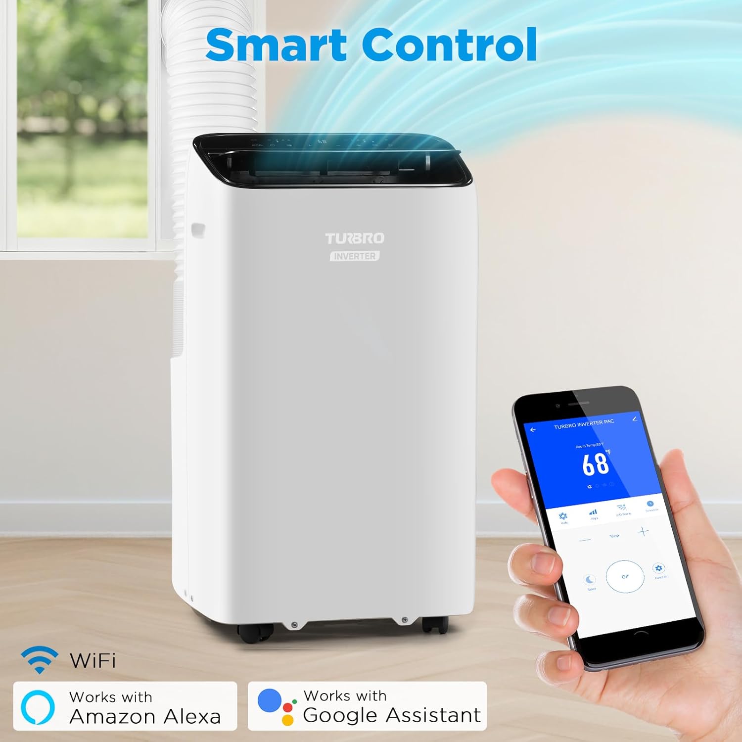 TURBRO Greenland 14,000 BTU Inverter Portable Air Conditioner, High Efficiency, Quiet Operation, Cools Up to 600 Sq. Ft., Dehumidifier & Fan, with Remote, WiFi, and Alexa/Google Assistant
