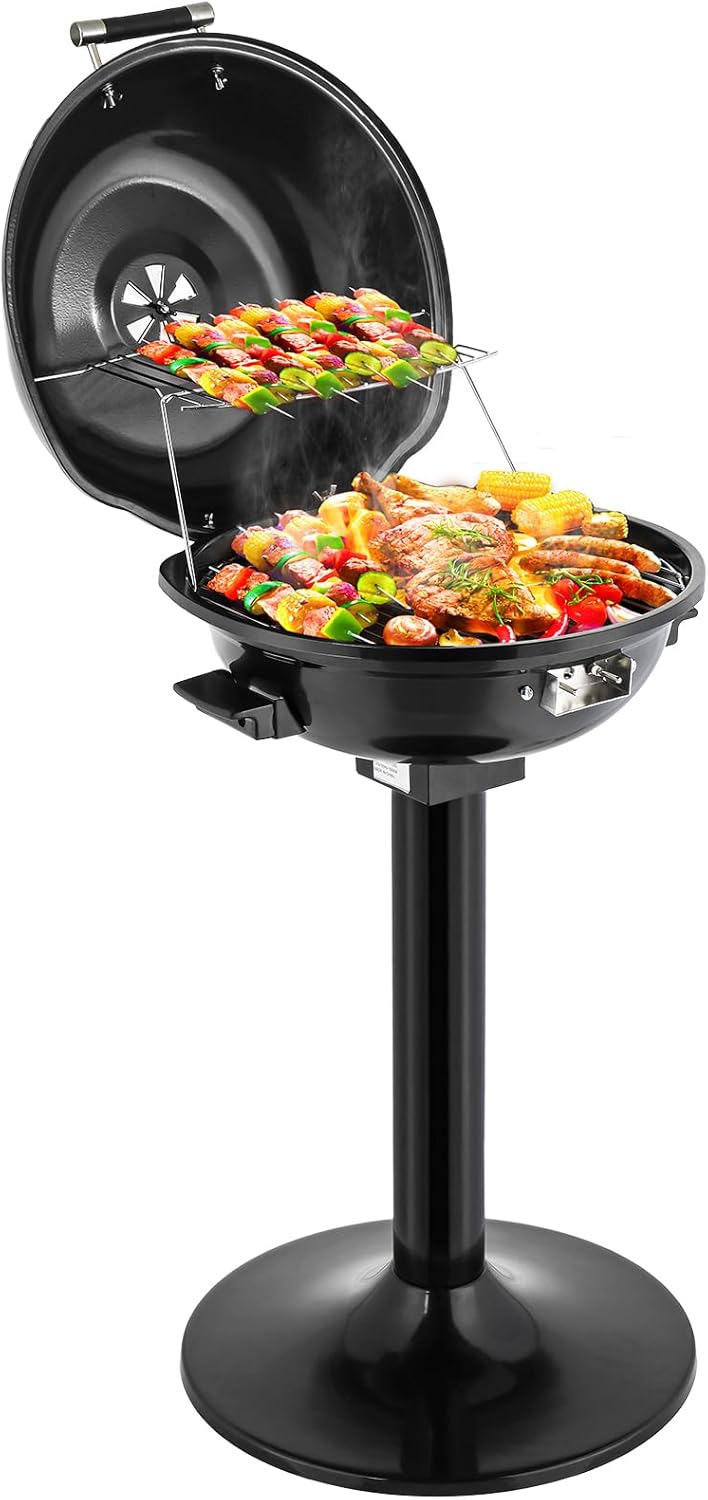 ROVSUN 1600W Vertical Electric Grill with Lid, Black 304 Stainless Steel Grill w/Detachable Pull-out Drip Tray, Double Layer Design, Portable & Removable, for Indoor and Outdoor Use