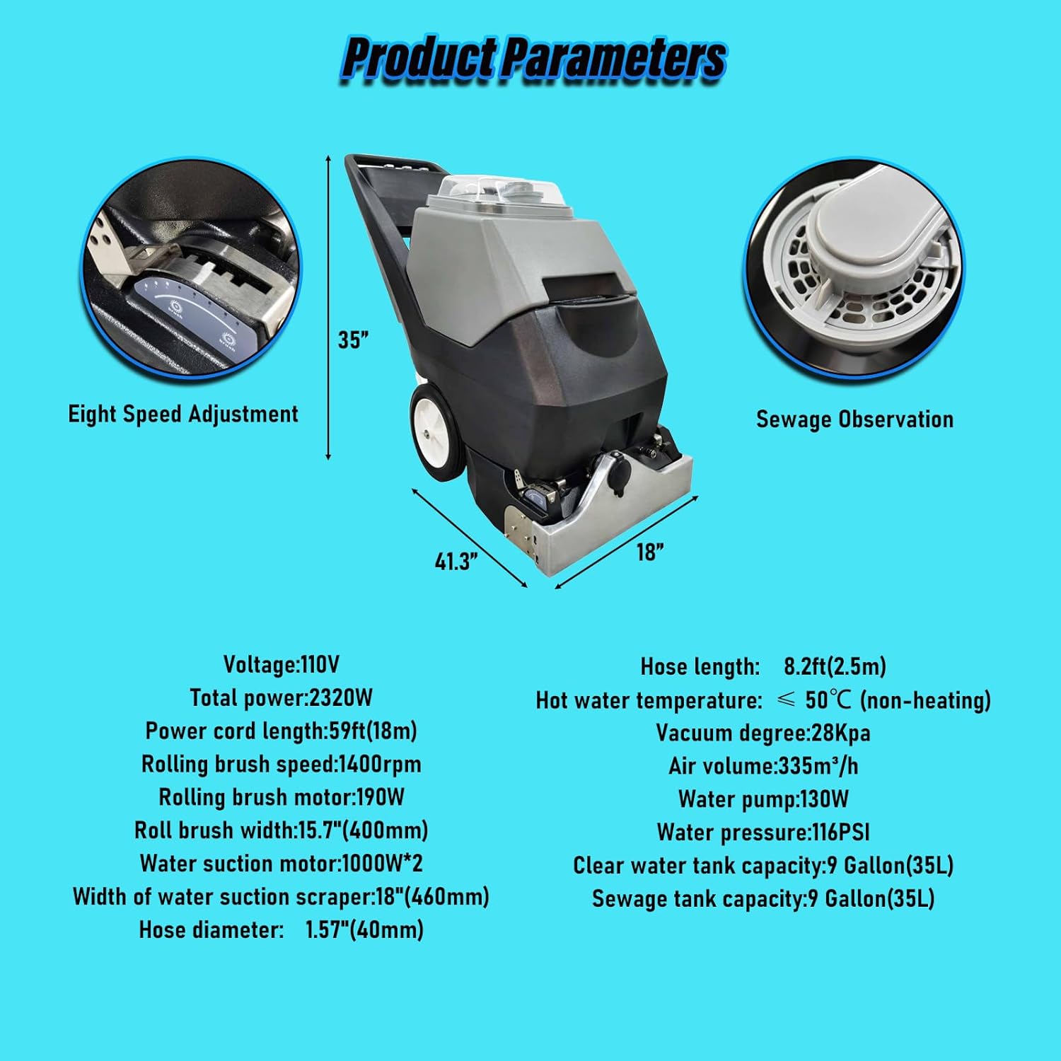 1400RPM Commercial Carpet Cleaning Machine 2320W Hand Push Hotel Carpet Vacuum Cleaner 3-in-1 Carpet Extractor Cleaning for Hotels, Cinemas, Meeting Rooms and other places 110V