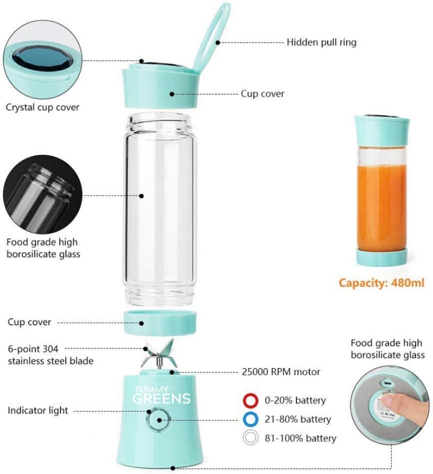 Portable Glass Blender Juicer Smoothie Maker USB 16oz Borosilicate Glass