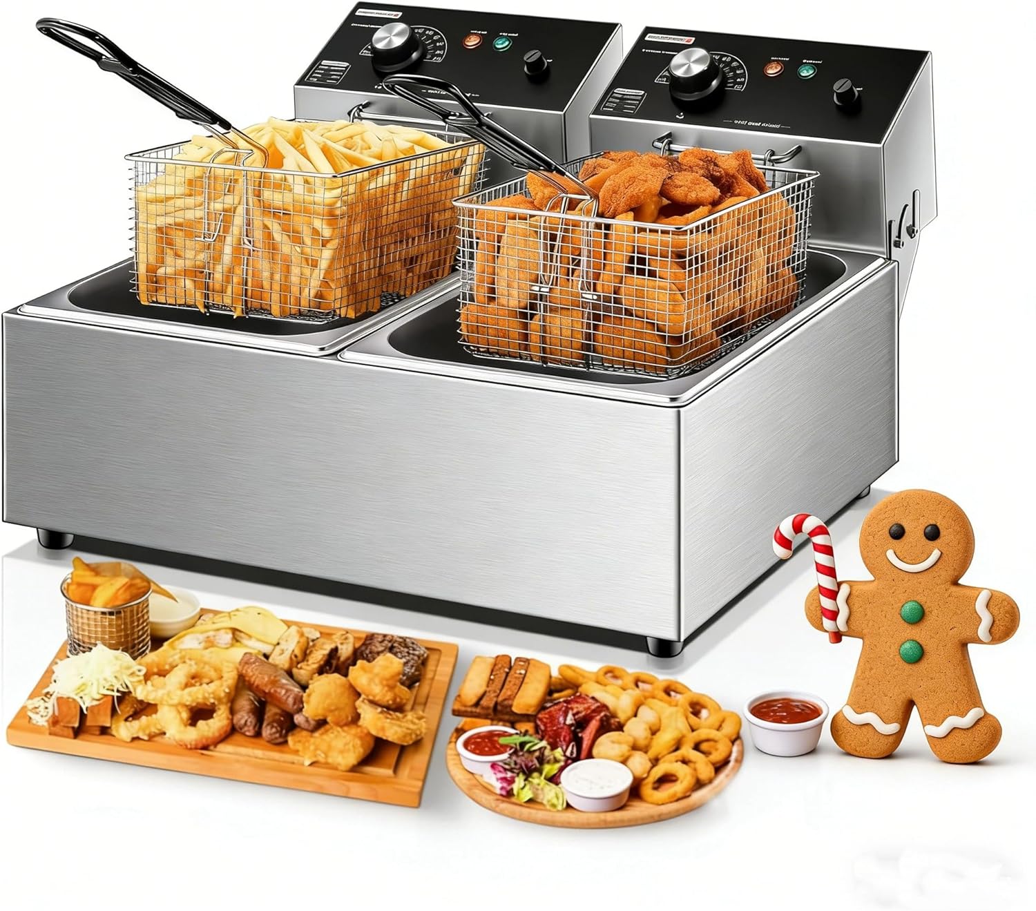 Commercial Deep Fryer with Basket, 3400W 20.7Qt Dual Tank Deep Fryer with Temperature Control, Large Capacity Stainless Steel Electric Countertop Fryer for Restaurant or Home Use