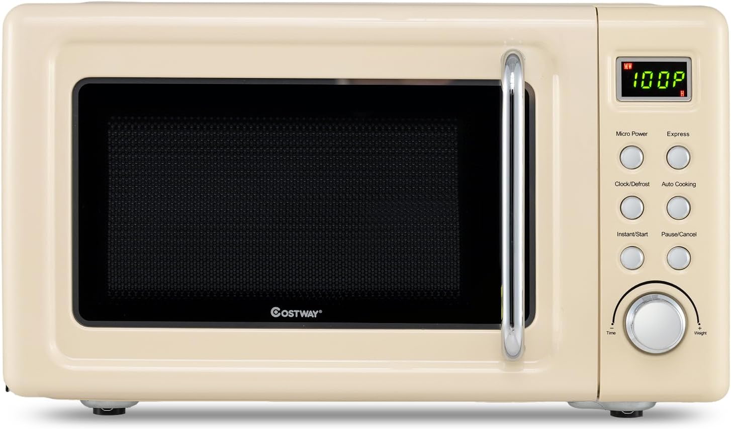 COSTWAY Microwave Countertop, 0.7Cu.ft Microwave Ovens with 5 Micro Power, Delayed Start Function Glass Turntable & Viewing Window, LED Display, Child Lock, Mini Microwave for Small Place (Beige)