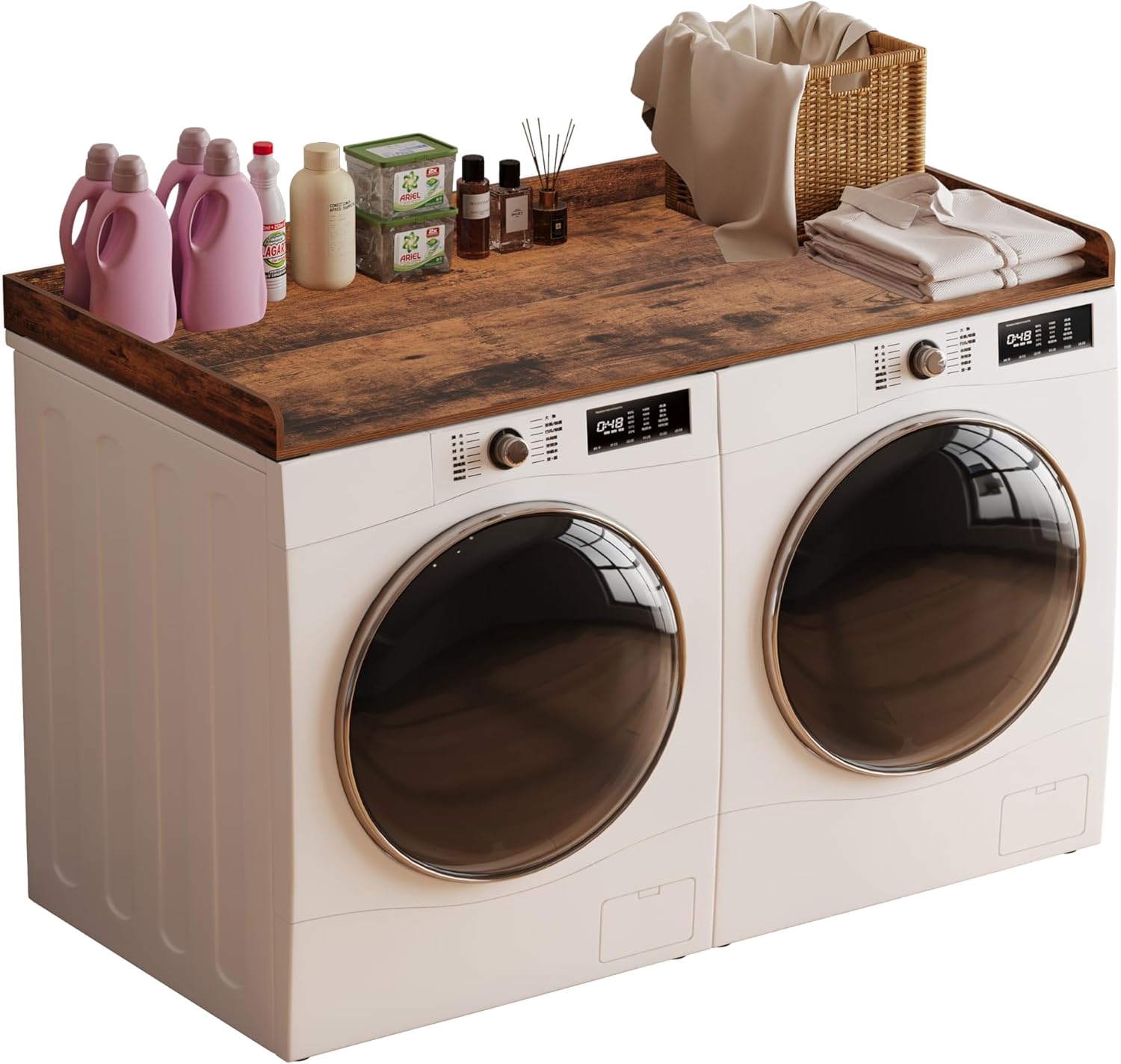 Washer Dryer countertop with Edge Rails and Non-Slip Mat,Wooden Laundry Countertop for Laundry Room Storage Organization (Rustic Brown, Full)