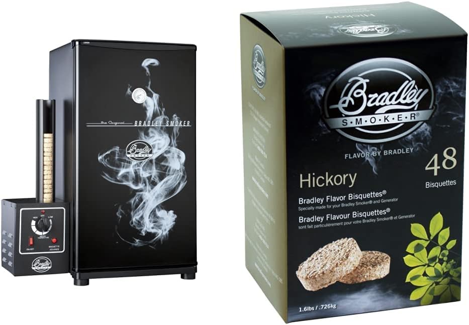 Bradley Smoker BS611 4-Rack Outdoor Electric Smoker, Natural Draft Smoker & Bisquettes for Grilling and BBQ, Hickory Wood Blend, 48 Pack