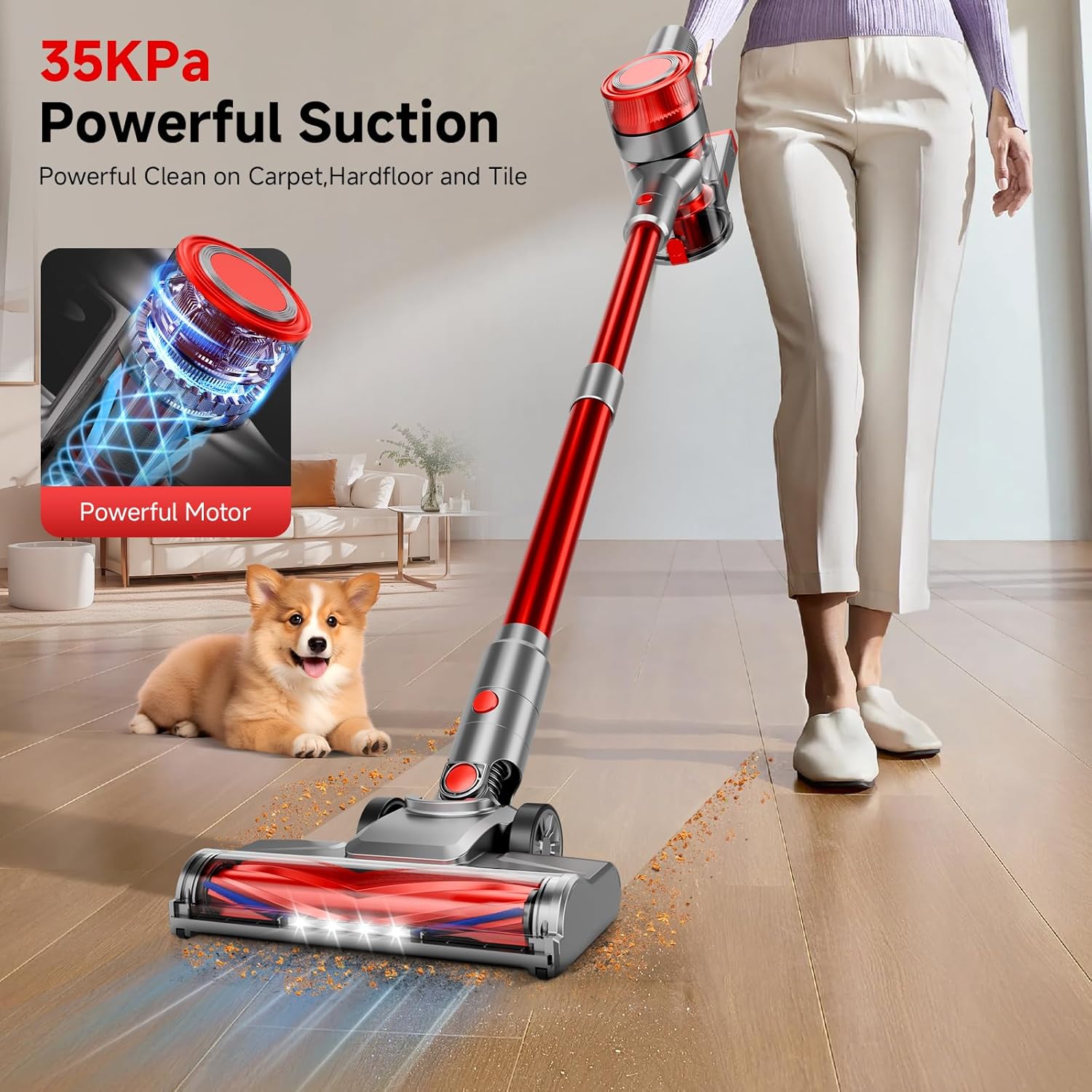 Cordless Vacuum Cleaner, 35Kpa Vacuum Cleaner for Home, 45Mins Stick Vacuum with LED Display, Anti-Tangle & Wall Mount Charging, 6 in 1 Lightweight Vacuum for Hard Floors, Carpet, Pet Hair (red)
