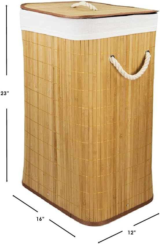 Home Basics Foldable Bamboo Laundry Basket Hamper (Rectangle, Natural)