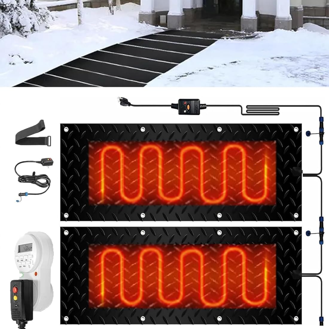 Snow and Ice Melting Mats with Timer, 1/2/3/4/5 Pcs Heated Outdoor Mats Electric Snow Melting Mats for Winter Snow Removal Non Slip Rubber Heated Mat with Power Cor(2 Pcs-12x36in/(30x90cm))