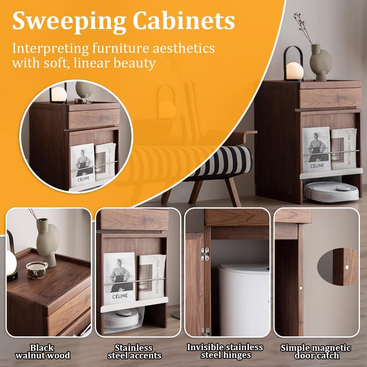 Storage Cabinet With Doors And Drawers For Robot Vacuum Cleaner,Wood Accent End Side Table For Living Room, Home Office(Yellow)