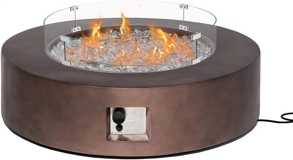 AQUILLA Outdoor Propane Fire Pit Coffe Table w Brown 42 inch Round Base Patio Heater, 50000 BTU Stainless Steel Burner w Glass Rocks, Waterproof Cover