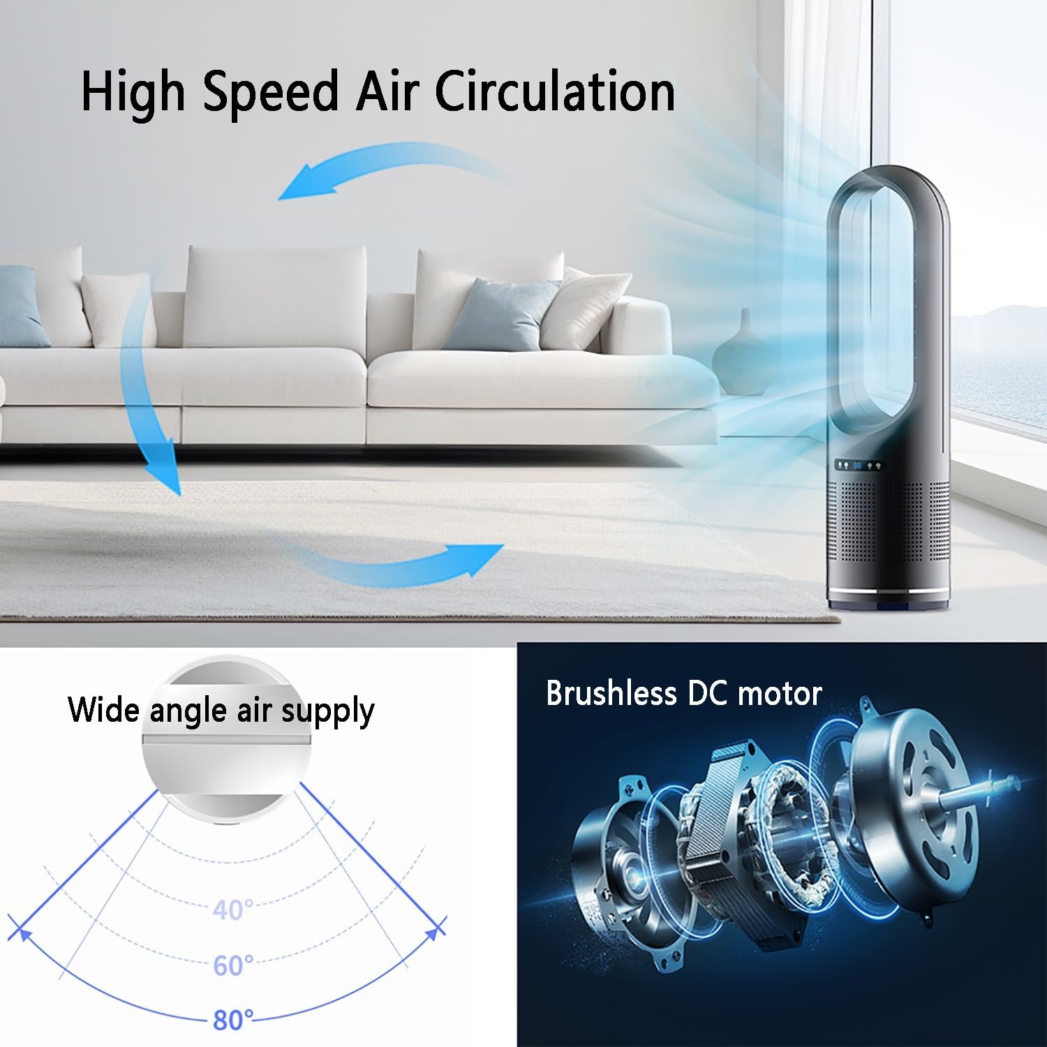 Bladeless Fan, Tower Fan with Remote, 80° Oscillating Pedestal Fan, Floor Fan/Standing Fan/Cooling Fan, 8 Speeds, 8h Timer, Air Circulation Fan for Indoor Home Bedroom Office Room(Gray)
