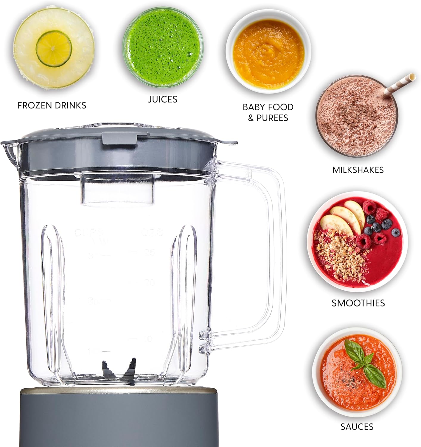 COOK WITH COLOR 300 Watt Blender: Powerful 2-Speed Control with Pulse, 4-Tip Stainless Steel Blades, 25oz (750ml) Jar, and Skid-Resistant Feet, Grey