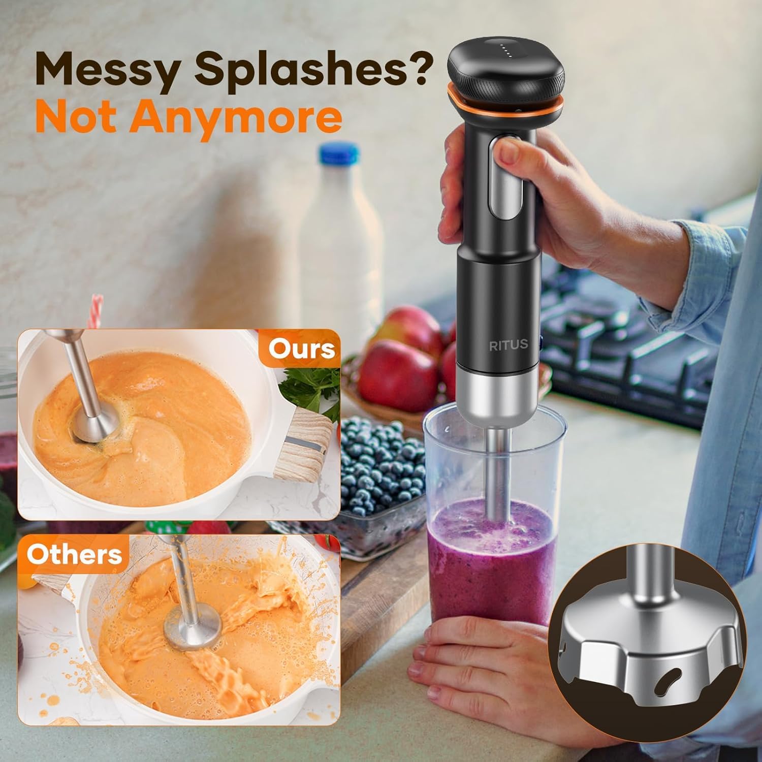 Cordless Stick Immersion Blender 5-in-1, Ritus 13000RPM Soup Blender Rechargeable Handheld Mixer For Baby Food & Smoothies, Variable Speed, Dishwasher-Safe, Mixing Beaker, Chopper, Whisk Milk Frother