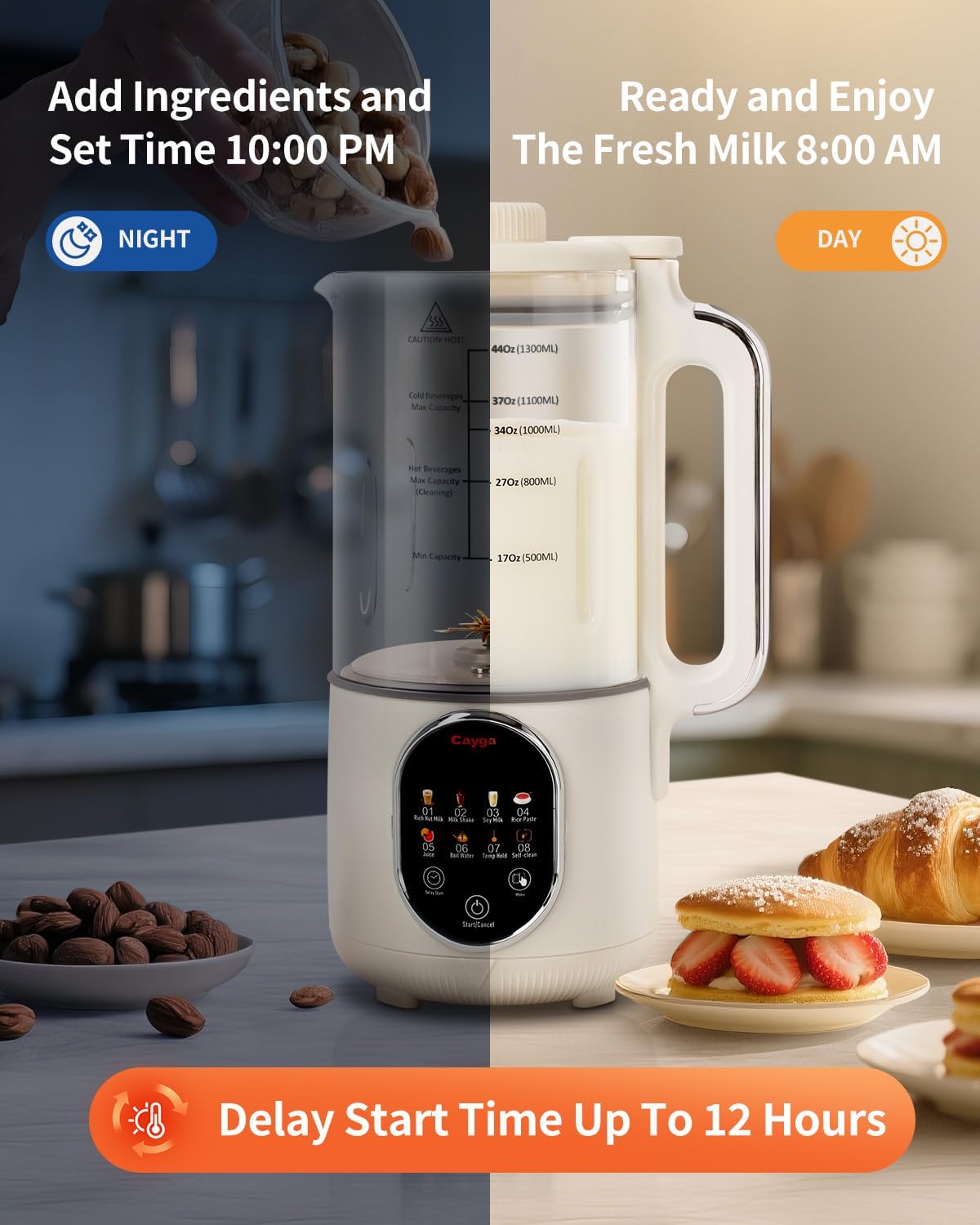 44oz Homemade Nut Milk Maker Machine Soy Milk Maker Homemade Almond, Oat, Juice, Coconut for Plant-Based Drinks with Self Clean, Boil Water, Delay Start, Keep Warm, 12-Hour Smart Timer