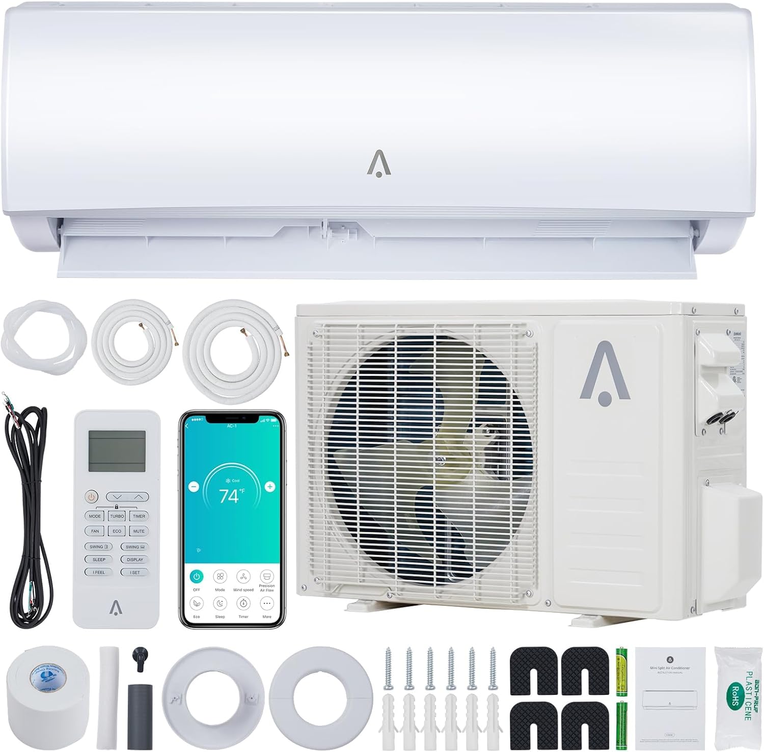 9,000 BTU Mini Split Air Conditioner & Heater, 19 SEER2 Inverter, WiFi Enabled, Alexa/Home Compatible, Ductless Wall Mounted AC Heat Pump for 450 Sq. Ft., 115v, Full Installation Kit