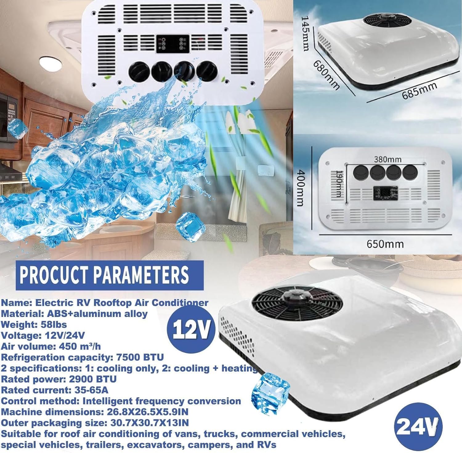 Dc 12v/24v Rv Rooftop Air Conditioner-Only Cooling/Cooling+Heating,850w Motorhome Electric Parking Air Conditioning Fit For Camper Van Truck Excavator Off-Road Vehicle Suv Bus ,WhiteCool+Heat24v