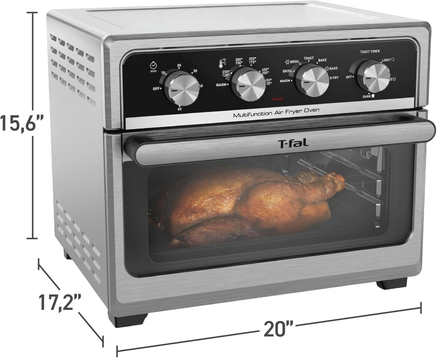 T-fal 9 in 1 Toaster Oven Air Fryer Combo Stainless Steel Convection Countertop Oven, Fast Heatup, 7 Pound Chicken Capacity, Extra Crispy Results, Toast, Bake, Air Fry, Reheat, Broil