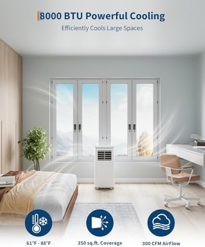 8000 BTU Portable Air Conditioner for Room up to 350 Sq.Ft, 3 in-1 Portable AC Unit with Dehumidifier & Fan for Large Room & Bedroom, Includes Window Vent Kit