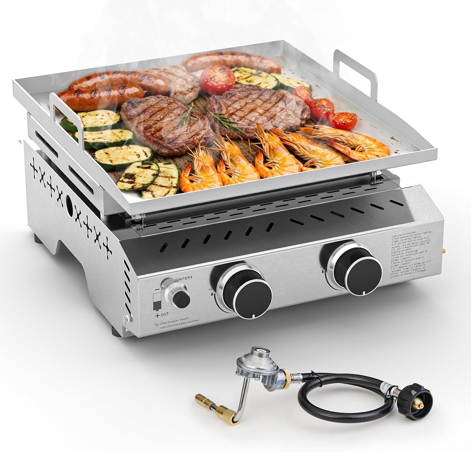 Kismile Tabletop Gas Grill, Stainless Steel Propane Grill 2 Burners (16,000 BTU Total), Portable 23 Inch Propane Gas Grill Griddle with Handle for for Camping, Outdoor & Tailgating Barbecue