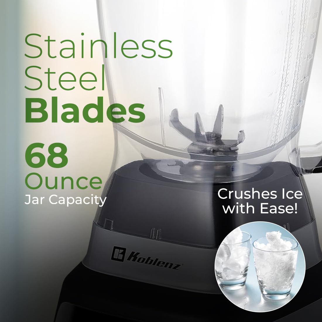 Koblenz Bob Blender, Countertop with Reversible motor, Speed Knob and 6 Functions, 1400-watt Motor, 68 oz. Capacity, Super Silent Operation, Includes 2 To-Go Cups and Tamper, Black/Chrome, LKM-9610