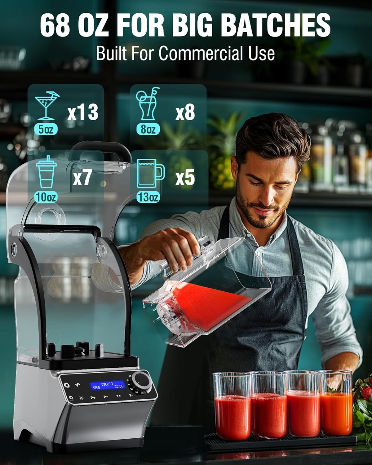 WantJoin Commercial Blender - 68 oz Quiet Commercial Blender for Smoothies with Sound Enclosure, 2200W Upgraded Copper Motor, 30000RPM, 7 Speeds, Blenders for Frozen Drinks, Juice, Soup