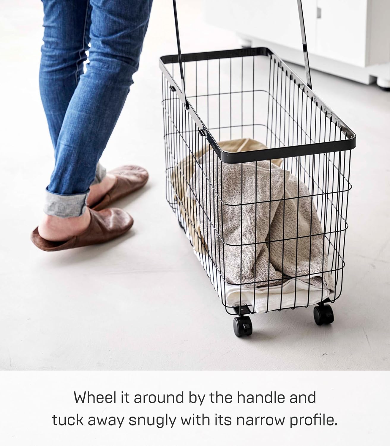 Yamazaki Home Tower Small Rolling Laundry Basket Metal Hamper Cart With Wheels And Handle, 14.8