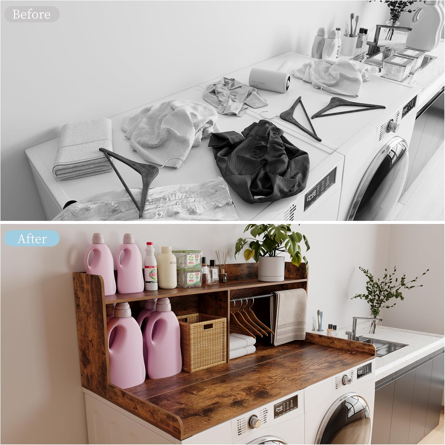 2-Tier Washer Dryer Countertop with Clothes Rail，Laundry Topper with Edge and Non-Slip Pad for Washer and Dryer Laundry Hamper Counter Storage Organization (Rustic Brown, Full)