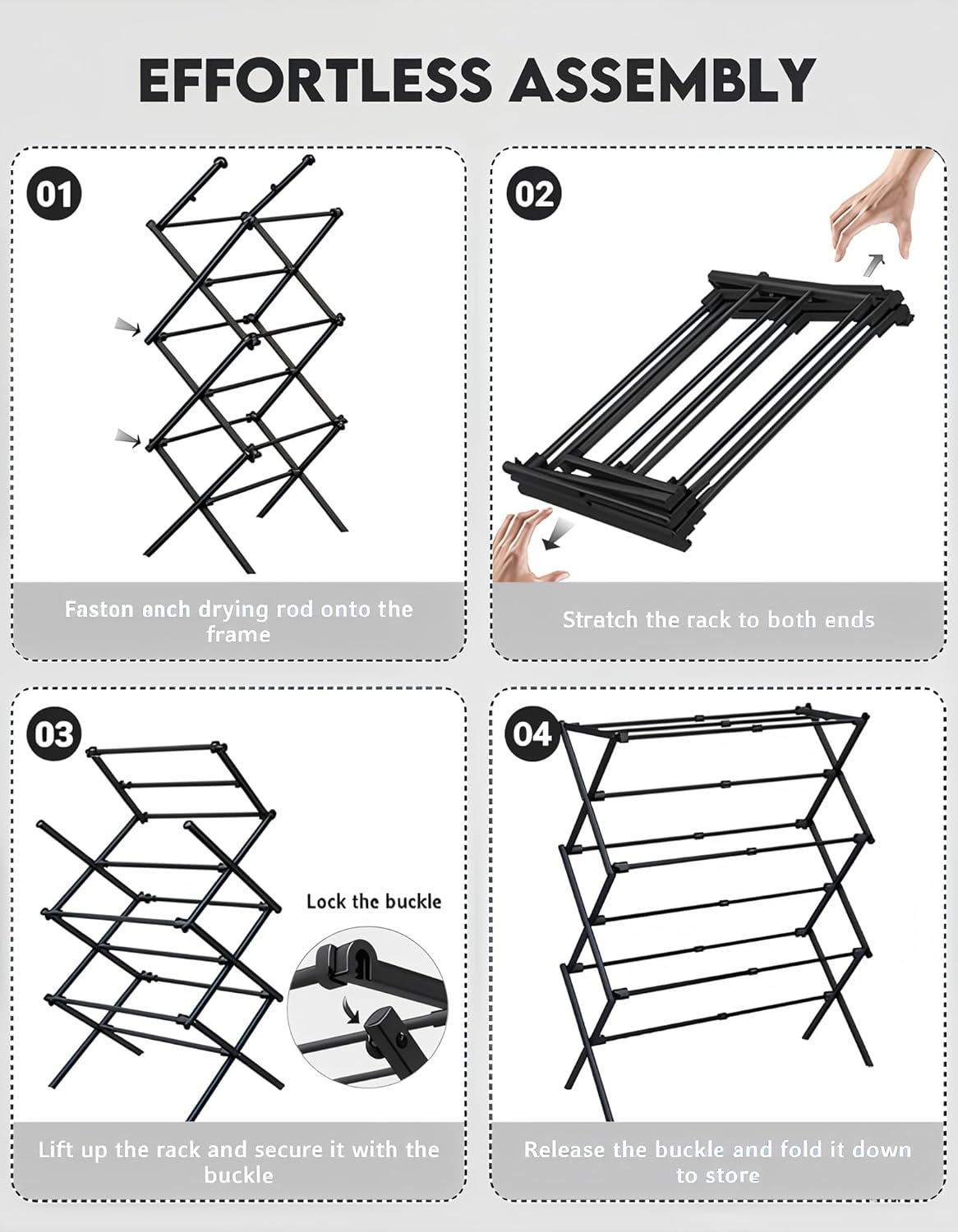 3-Tier Metal Folding Clothes Drying Rack, Laundry Drying Rack Clothing | Collapsible Dryer Racks for Laundry | Indoor & Outdoor,Black