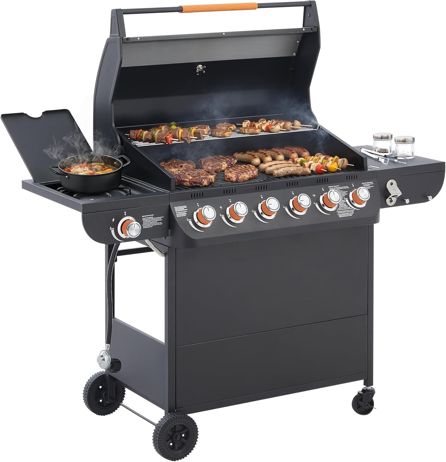 6 Burner Propane Gas Grill with Side Burner, 72000 BTU Stainless Steel Barbecue Grill with Cast Iron Grates and Locking Wheels for Outdoor Cooking in Backyard Patio and Camping Lawn