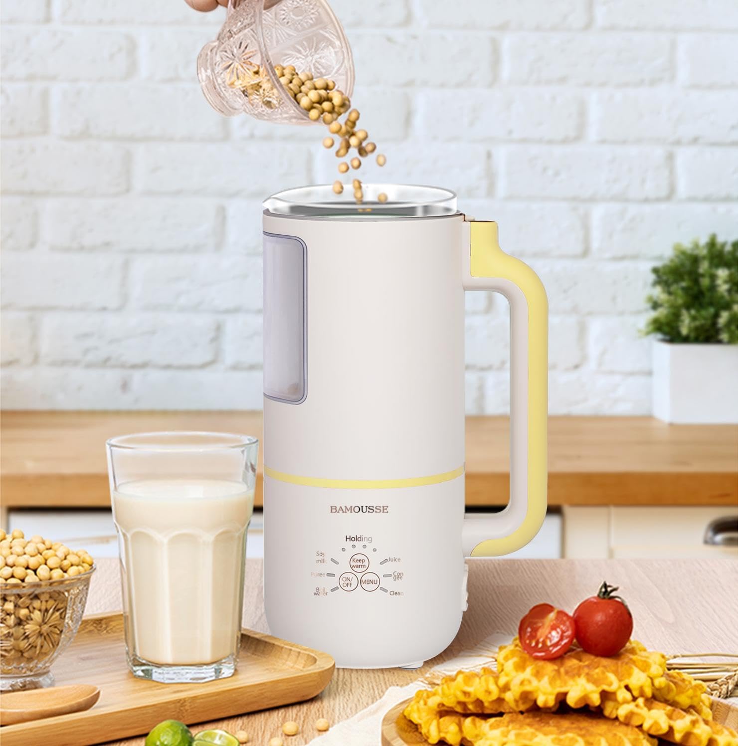 Bamousse Electric Oat Milk Maker, White, Automatic Plant Based Milk Machine, Countertop Blender with Display Window